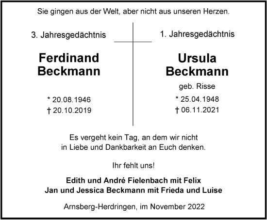 Traueranzeige von Ferdinand und Ursula Beckmann von Tageszeitung