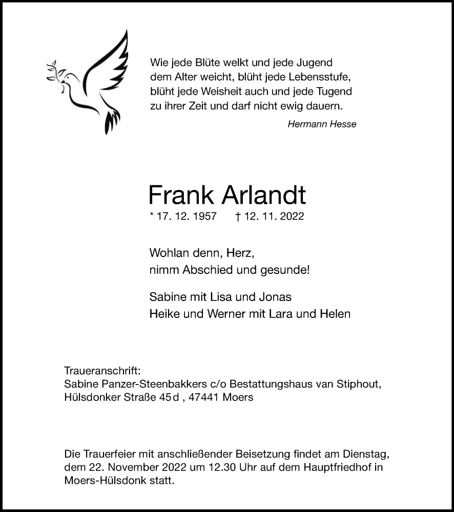  Traueranzeige für Frank Arlandt vom 19.11.2022 aus Tageszeitung