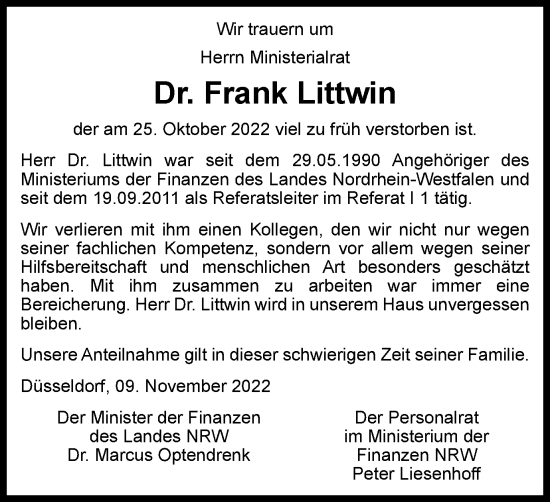 Traueranzeige von Frank Littwin von Tageszeitung