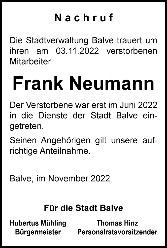  Traueranzeige für Frank Neumann vom 11.11.2022 aus Tageszeitung