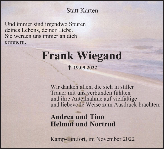 Traueranzeige von Frank Wiegand von Tageszeitung