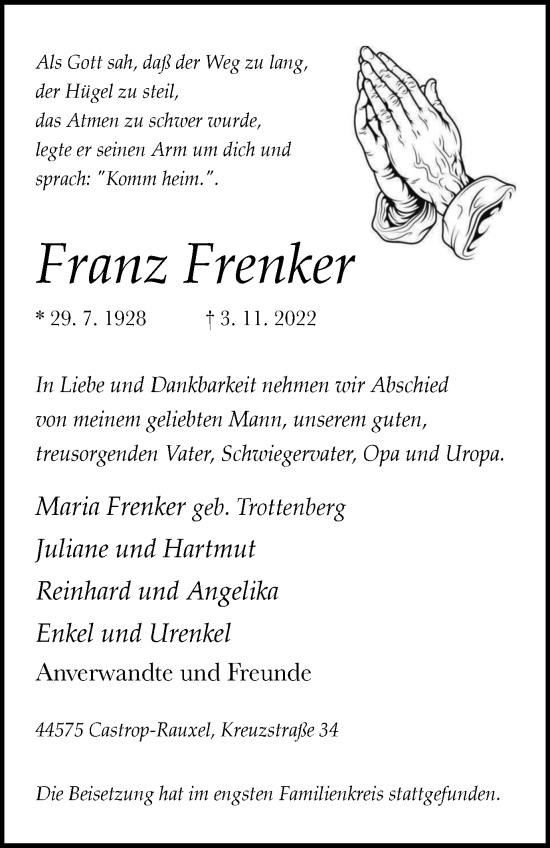 Traueranzeige von Franz Frenker von Tageszeitung