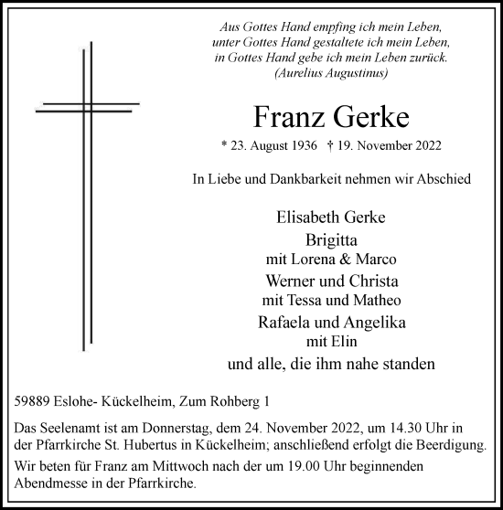 Traueranzeige von Franz Gerke von Tageszeitung