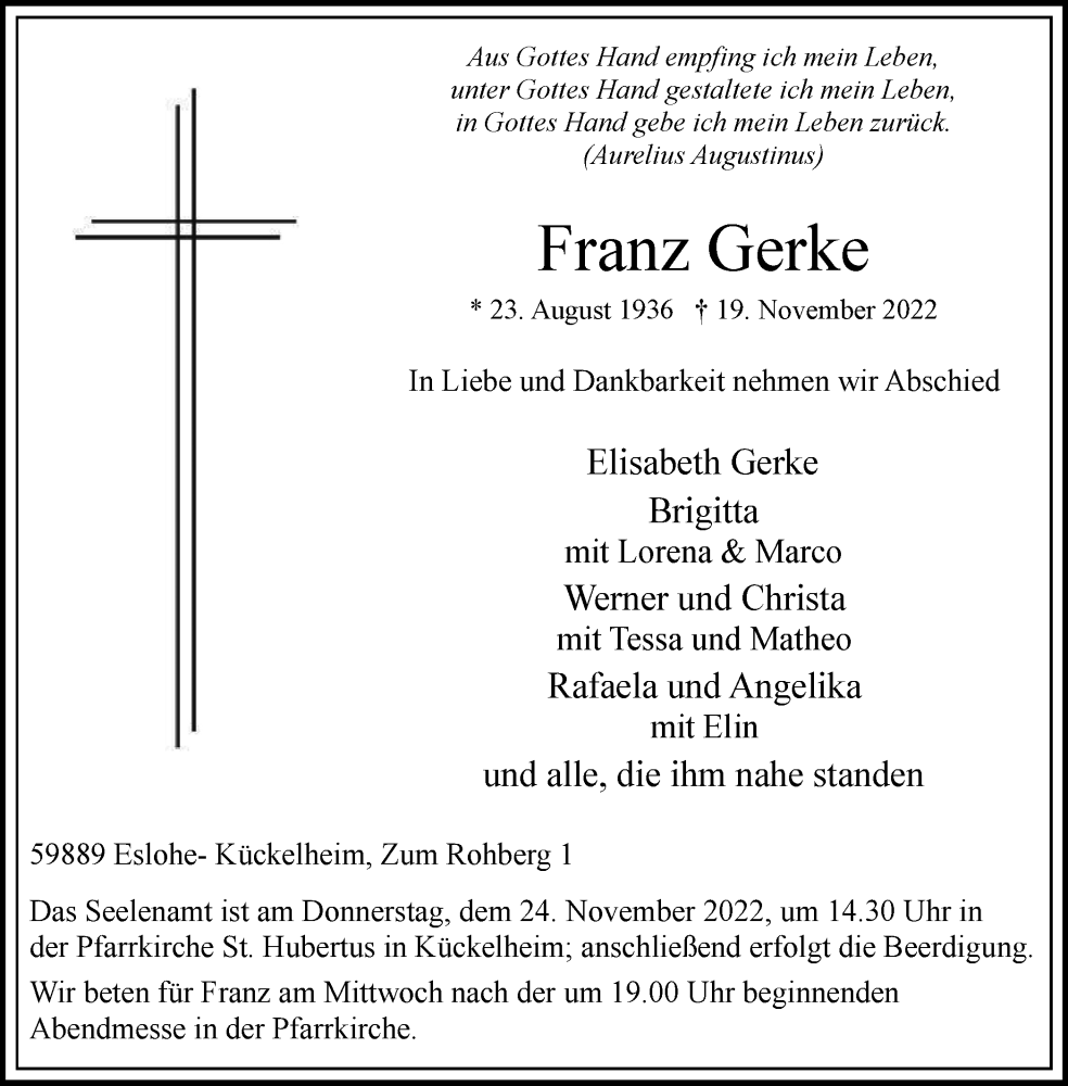  Traueranzeige für Franz Gerke vom 22.11.2022 aus Tageszeitung