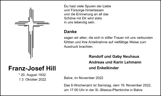 Traueranzeige von Franz-Josef Hill von Tageszeitung