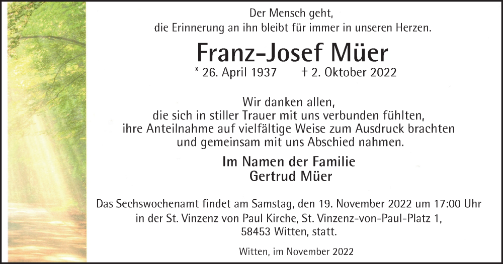  Traueranzeige für Franz-Josef Müer vom 12.11.2022 aus WESTDEUTSCHE ALLGEMEINE ZEITUNG