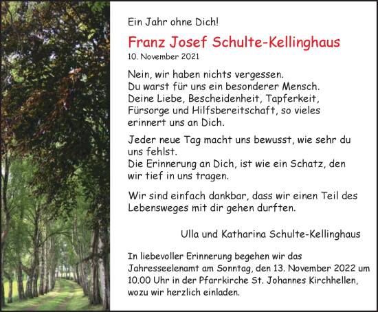 Traueranzeige von Franz Josef Schulte-Kellinghaus von Tageszeitung