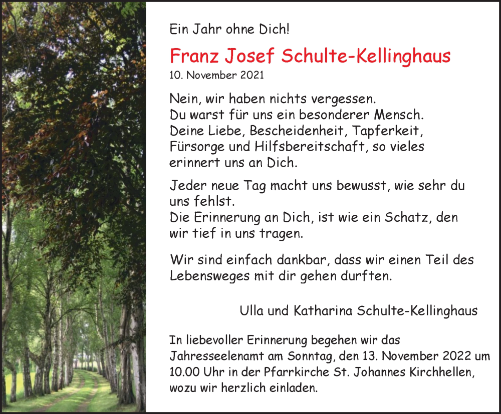  Traueranzeige für Franz Josef Schulte-Kellinghaus vom 07.11.2022 aus Tageszeitung