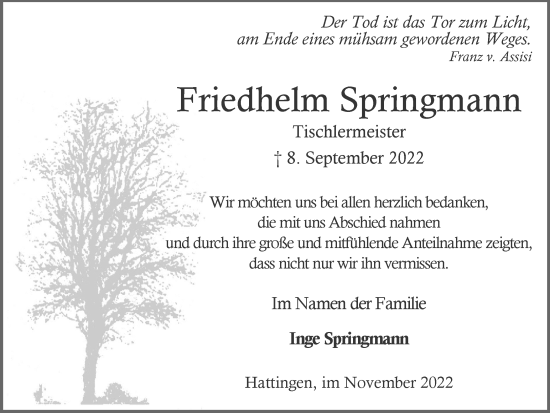 Traueranzeige von Friedhelm Springmann von Tageszeitung