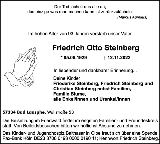 Traueranzeige von Friedrich Otto Steinberg von Tageszeitung