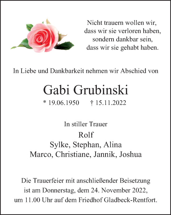 Traueranzeige von Gabi Grubinski von WVW Anzeigenblätter