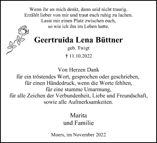 Traueranzeige von Geertruida Lena Büttner von Tageszeitung