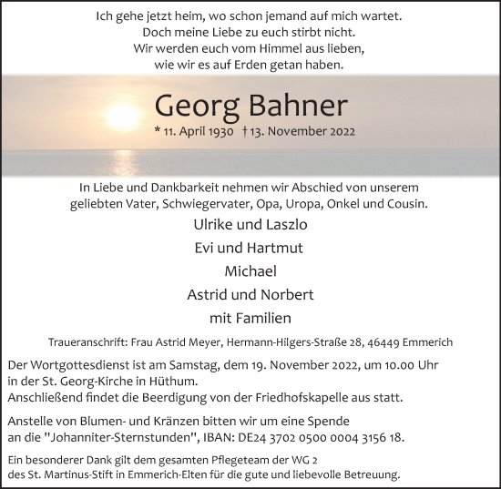 Traueranzeige von Georg Bahner von WVW Anzeigenblätter
