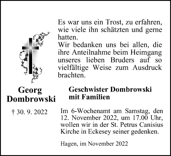 Traueranzeige von Georg Dombrowski von Tageszeitung