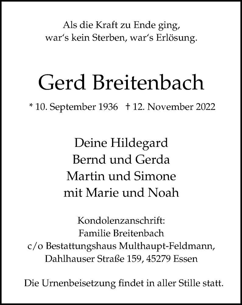  Traueranzeige für Gerd Breitenbach vom 19.11.2022 aus Tageszeitung