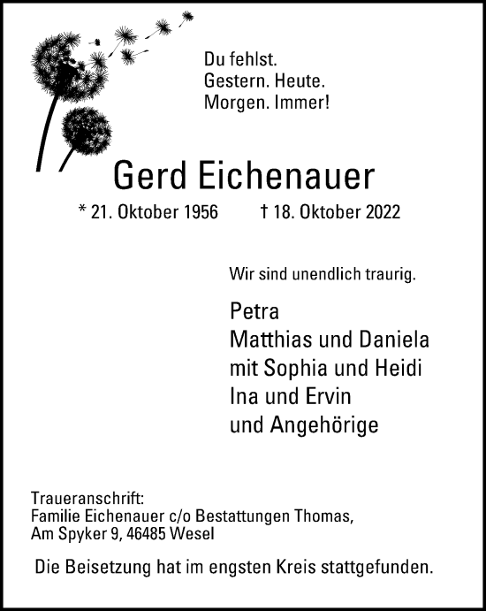 Traueranzeige von Gerd Eichenauer von Tageszeitung