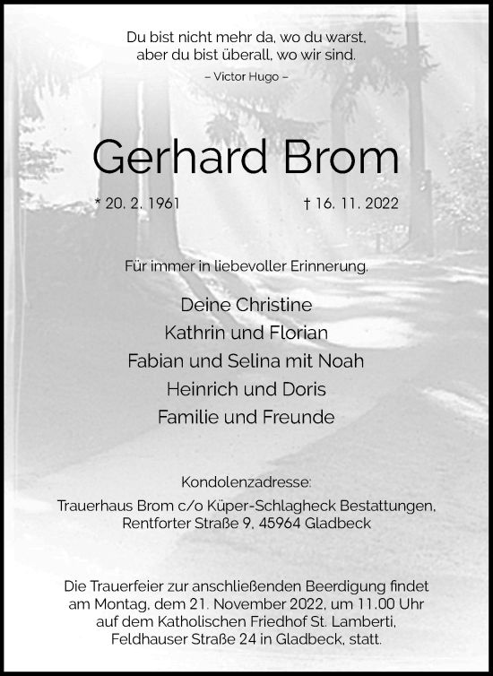 Traueranzeige von Gerhard Brom von WVW Anzeigenblätter