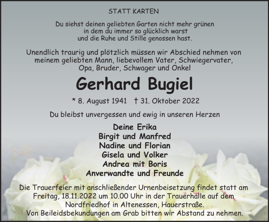 Traueranzeige von Gerhard Bugiel von Tageszeitung