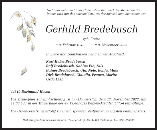Traueranzeige von Gerhild Bredebusch von Tageszeitung