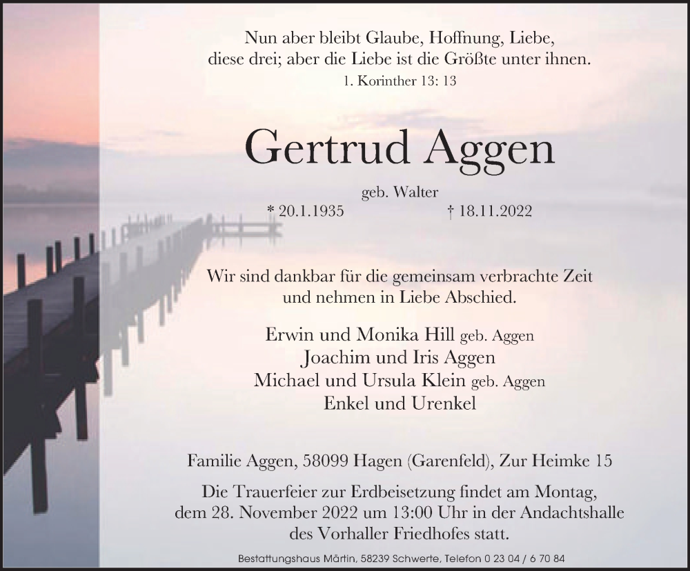  Traueranzeige für Gertrud Aggen vom 24.11.2022 aus Tageszeitung