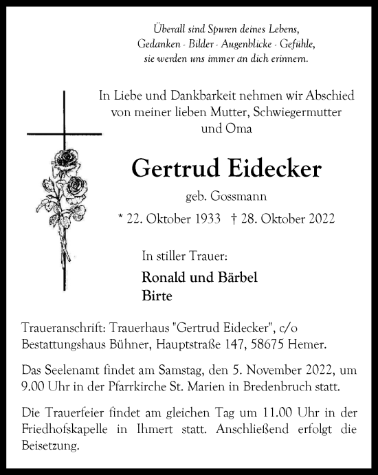 Traueranzeige von Gertrud Eidecker von Tageszeitung