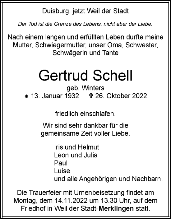 Traueranzeige von Gertrud Schell von Tageszeitung