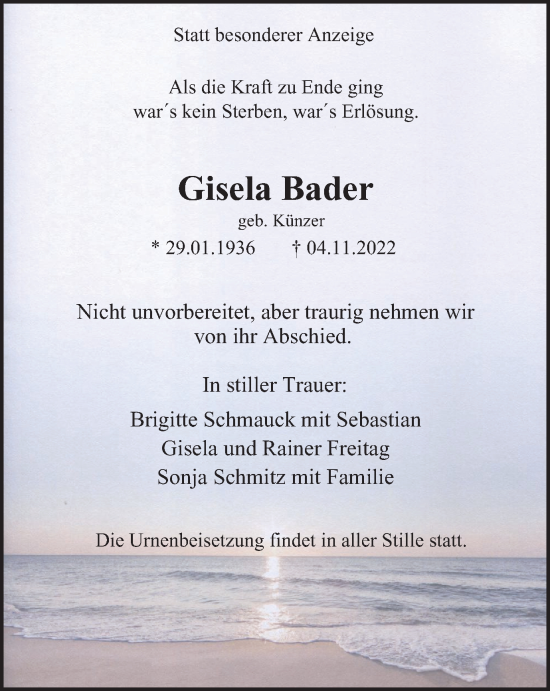 Traueranzeige von Gisela Bader von Tageszeitung