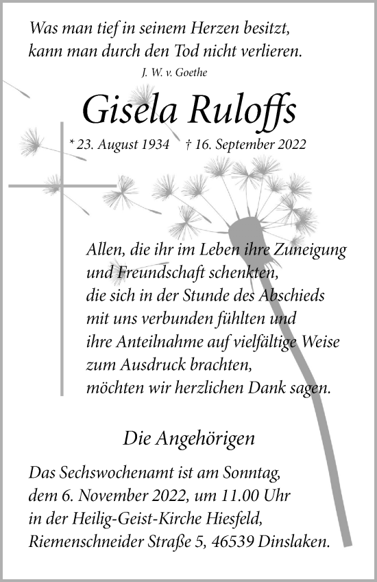 Traueranzeige von Gisela Ruloffs von Tageszeitung