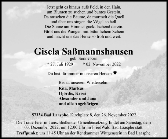 Traueranzeige von Gisela Saßmannshausen von Tageszeitung