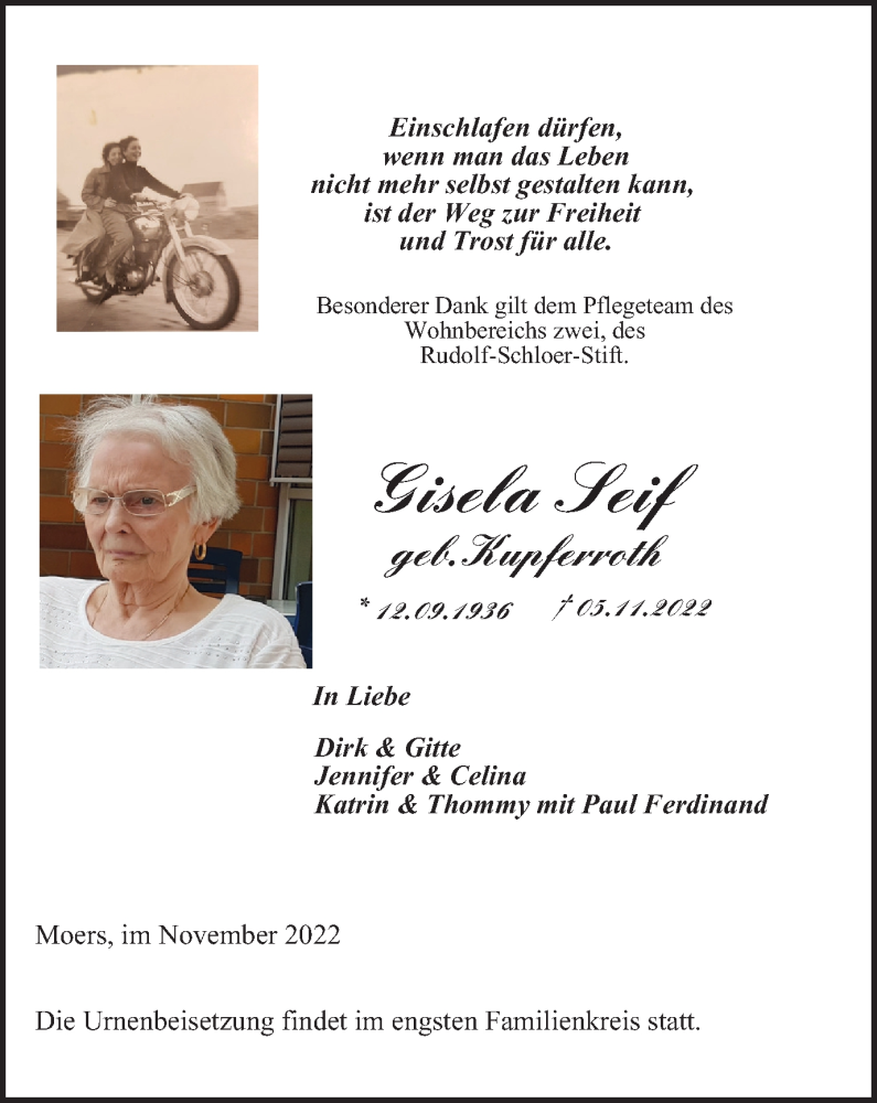  Traueranzeige für Gisela Seif vom 19.11.2022 aus Tageszeitung