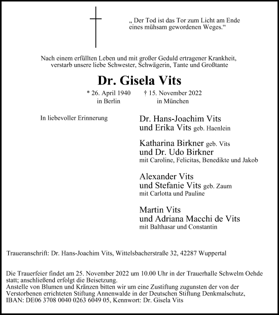 Traueranzeige von Gisela Vits von Tageszeitung