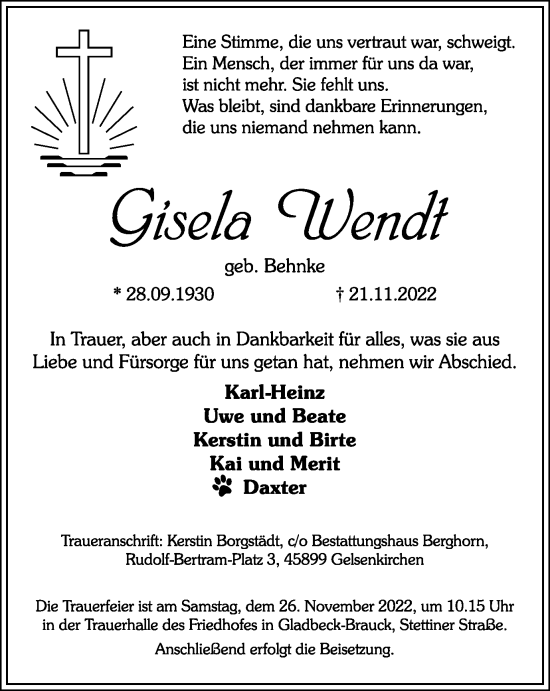 Traueranzeige von Gisela Wendt von Tageszeitung