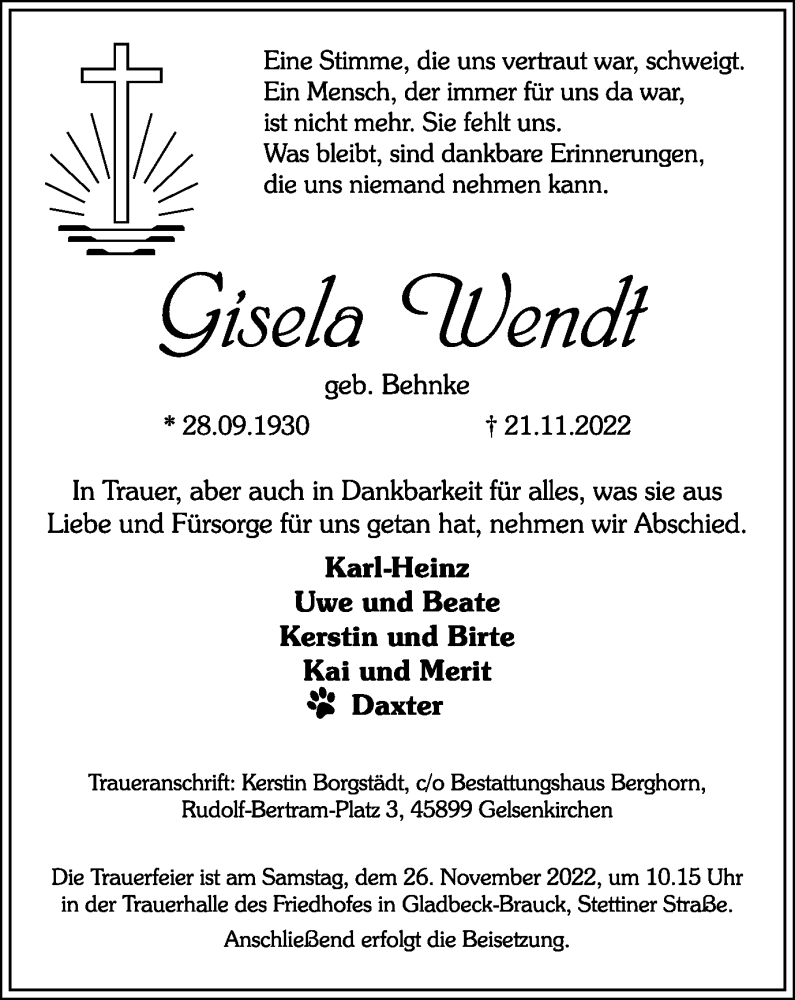  Traueranzeige für Gisela Wendt vom 24.11.2022 aus Tageszeitung