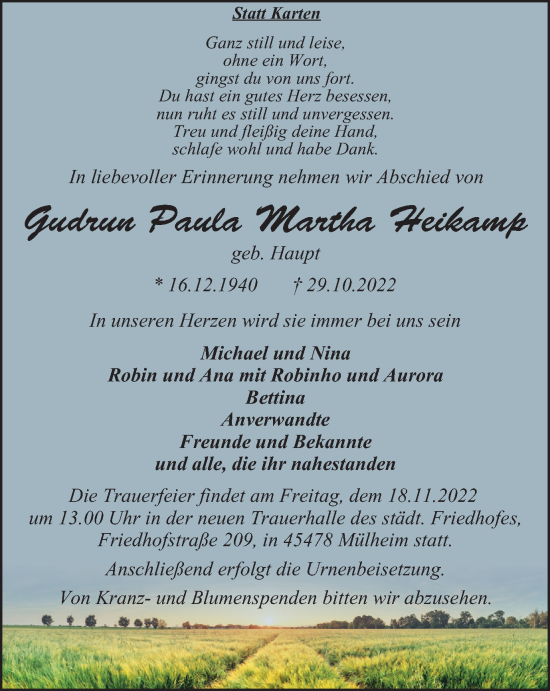 Traueranzeige von Gudrun Paula Martha Heikamp von Tageszeitung