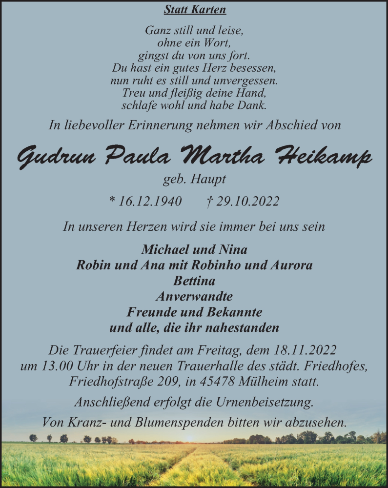  Traueranzeige für Gudrun Paula Martha Heikamp vom 15.11.2022 aus Tageszeitung