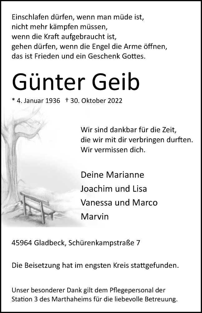  Traueranzeige für Günter Geib vom 12.11.2022 aus Tageszeitung