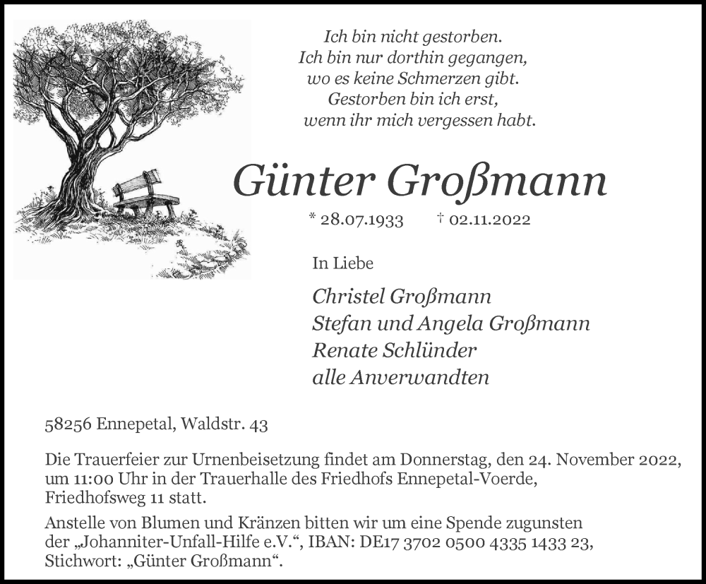  Traueranzeige für Günter Großmann vom 19.11.2022 aus Tageszeitung
