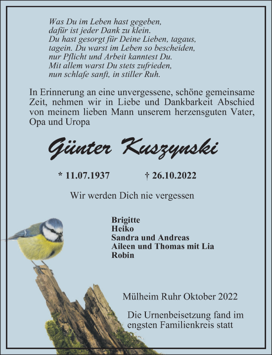 Traueranzeige von Günter Kuszynski von WVW Anzeigenblätter
