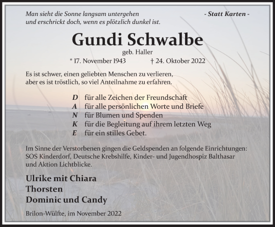 Traueranzeige von Gundi Schwalbe von Tageszeitung