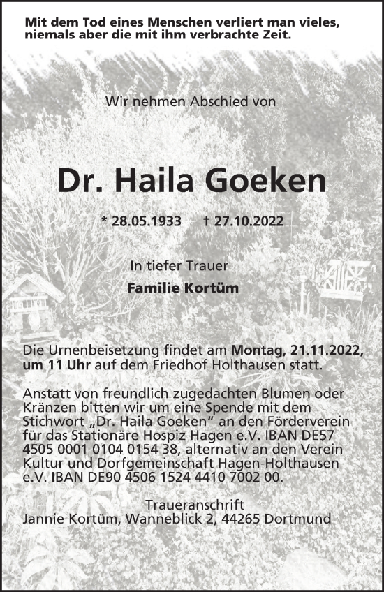 Traueranzeige von Haila Goeken von Tageszeitung