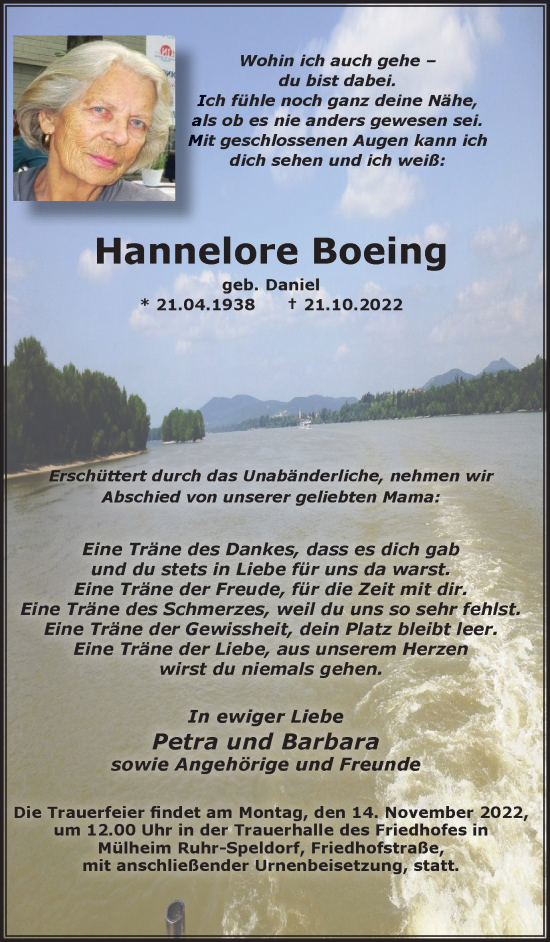 Traueranzeige von Hannelore Boeing von Tageszeitung