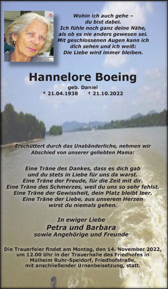 Traueranzeige von Hannelore Boeing von Tageszeitung