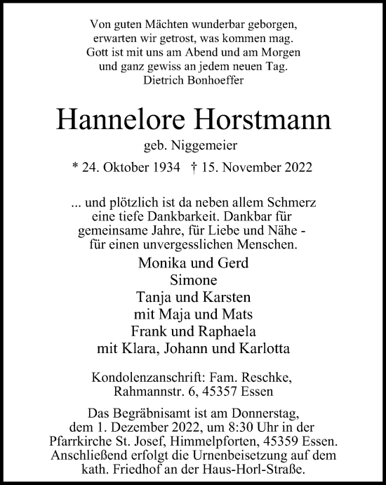 Traueranzeige von Hannelore Horstmann von WVW Anzeigenblätter