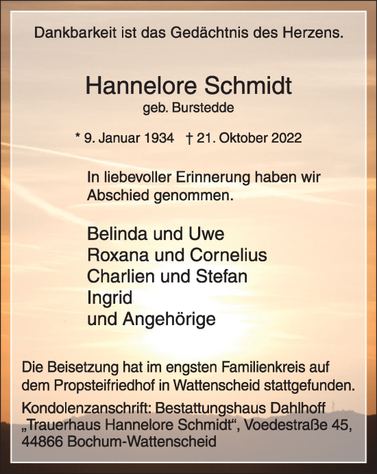 Traueranzeige von Hannelore Schmidt von WVW Anzeigenblätter