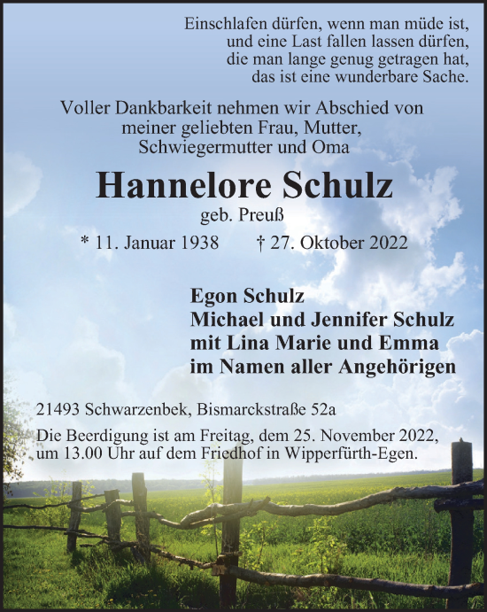 Traueranzeige von Hannelore Schulz von WVW Anzeigenblätter