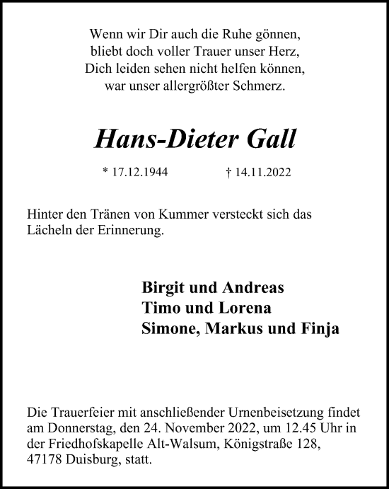 Traueranzeige von Hans-Dieter Gall von Tageszeitung