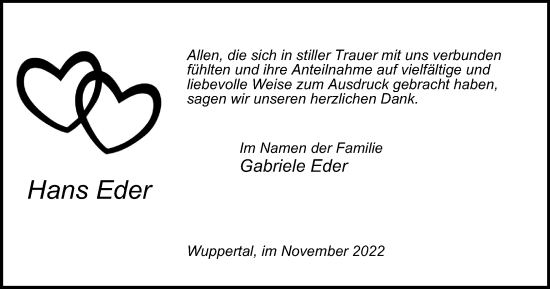 Traueranzeige von Hans Eder von Tageszeitung