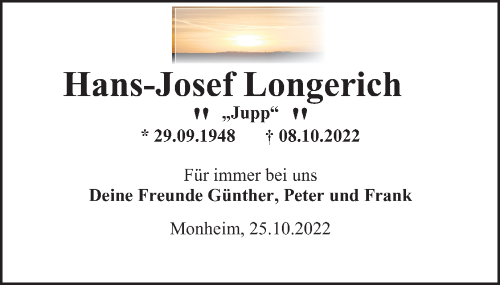  Traueranzeige für Hans-Josef Longerich vom 05.11.2022 aus Tageszeitung