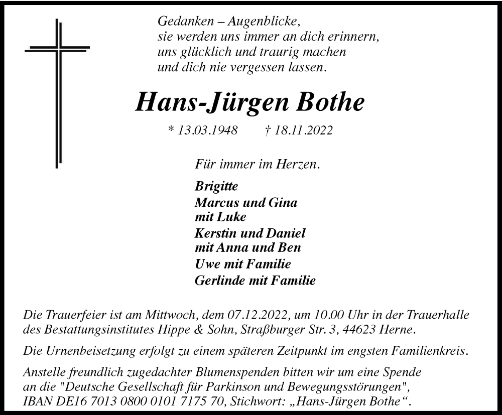  Traueranzeige für Hans-Jürgen Bothe vom 30.11.2022 aus Tageszeitung