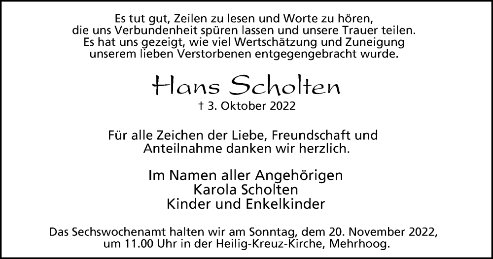  Traueranzeige für Hans Scholten vom 17.11.2022 aus Tageszeitung